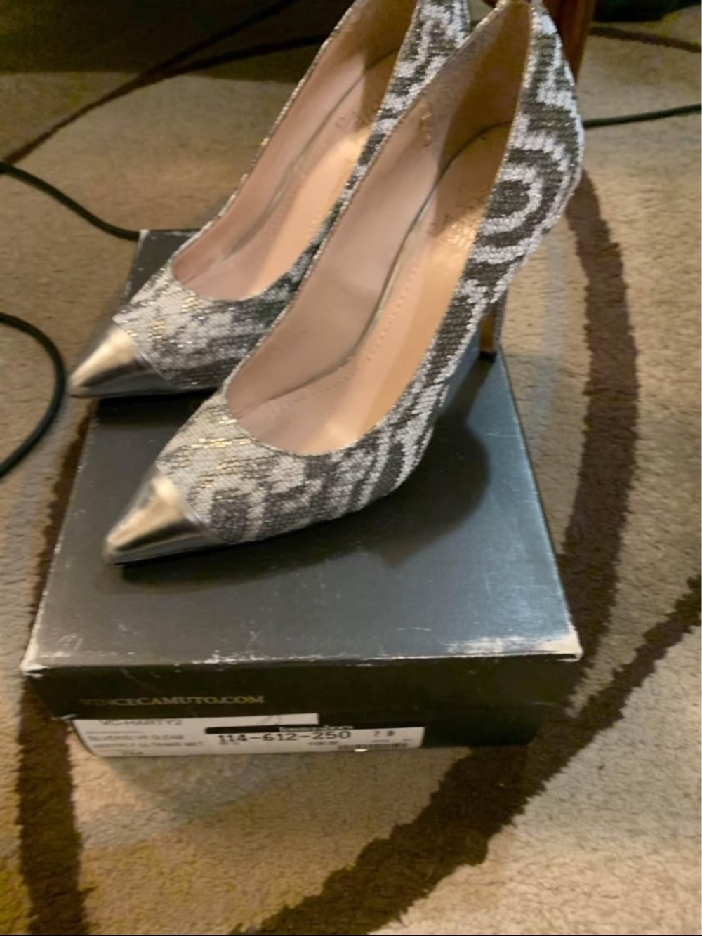 Vince Camuto Silver Patterned Pointed-Toe Heels with Metallic Cap